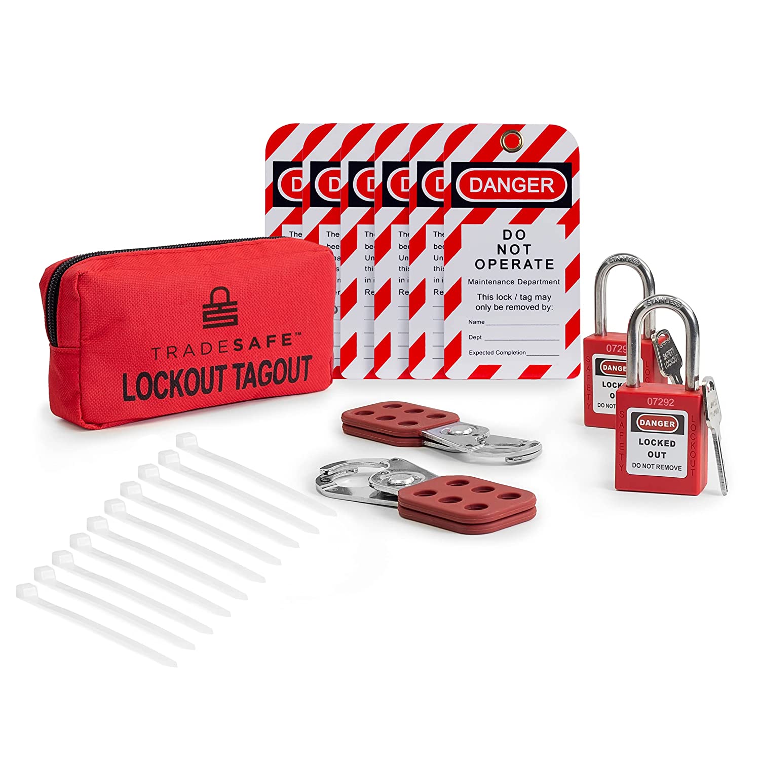 Tradesafe Kit de bloqueo con 2 cierres, 2 etiquetas de bloqueo, 2 candados de seguridad rojos y funda de transporte | Cumple con la normativa OSHA para bloqueo eléctrico