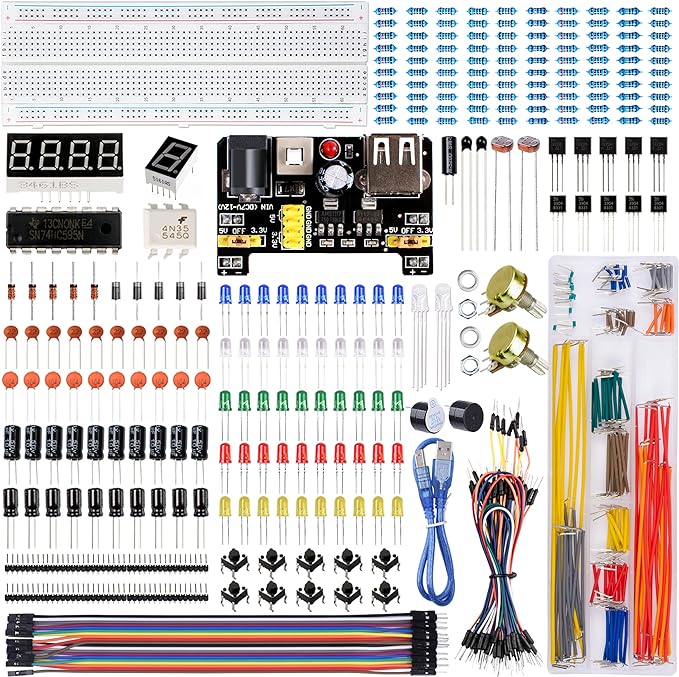 Kit componentes electrónicos con Módulo de alimentacion, cables puente, resistores.